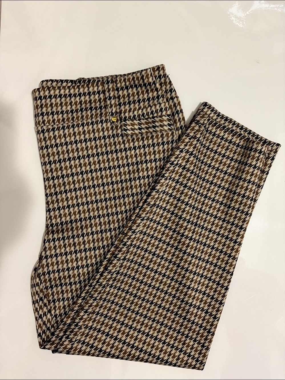 SOHO Apparel Ltd XL brown&black houndstooth print pull-on trousers elastic waist